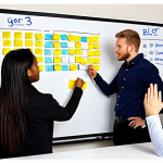 Team Communication & Collaboration**

A diverse team engaged in a brainstorming session, using sticky notes on a whiteboard, with relaxed and collaborative body language. Focus on open communication and idea sharing, illustrating a positive and inclusive team environment.

**